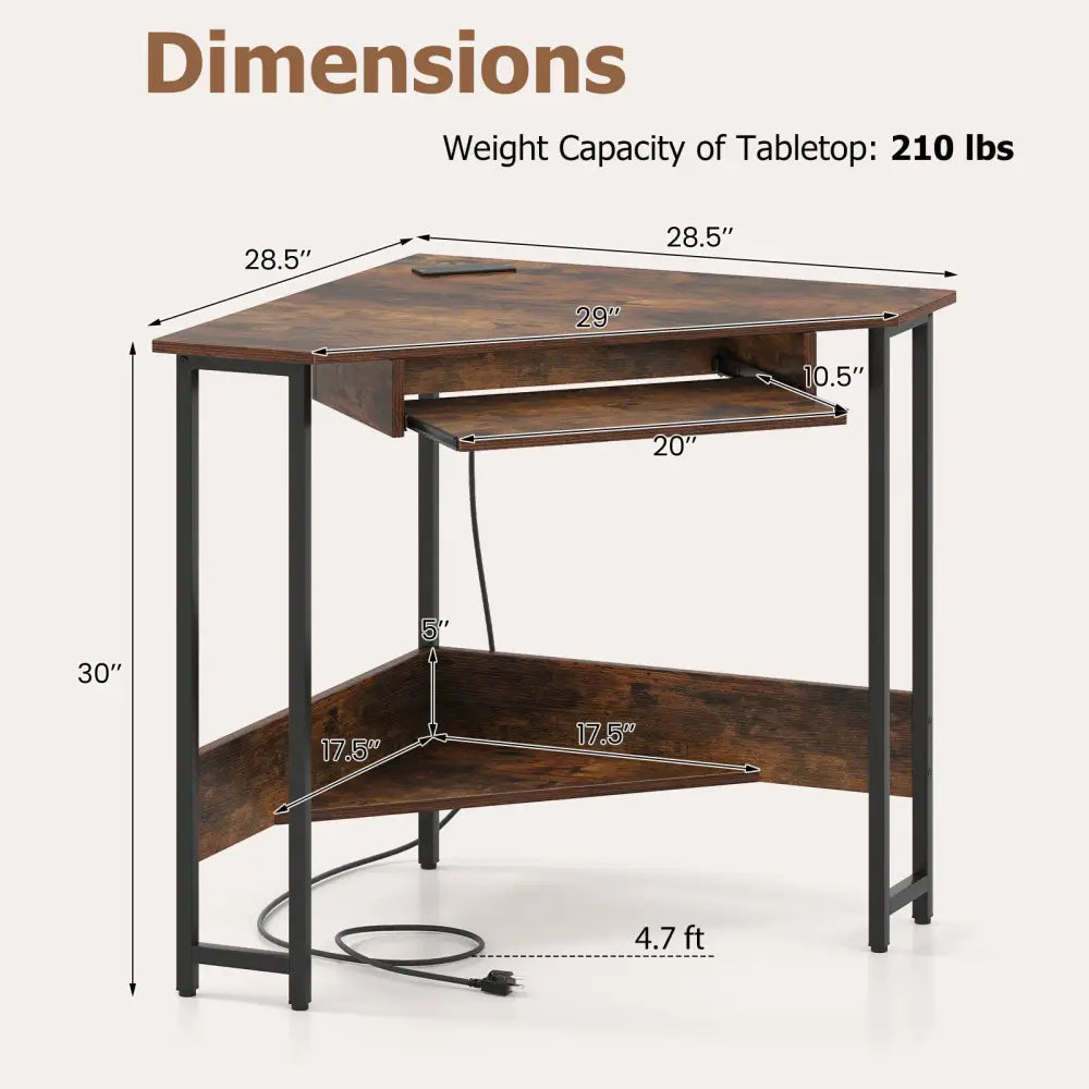 Triangle Corner Desk with Charging Station Keyboard Tray and Storage Shelf-Rustic Brown - Rustic Brown - Corner Desks