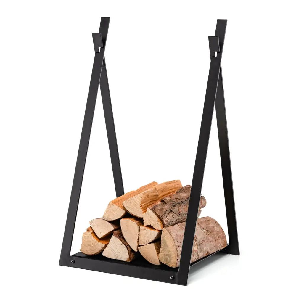 Triangle Firewood Rack with Raised Base for Fireplace Fire Pit-Black - Black - Log Storage