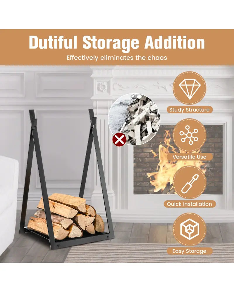Triangle Firewood Rack with Raised Base for Fireplace Fire Pit-Black - Black - Log Storage