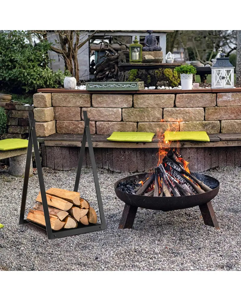 Triangle Firewood Rack with Raised Base for Fireplace Fire Pit-Black - Black - Log Storage