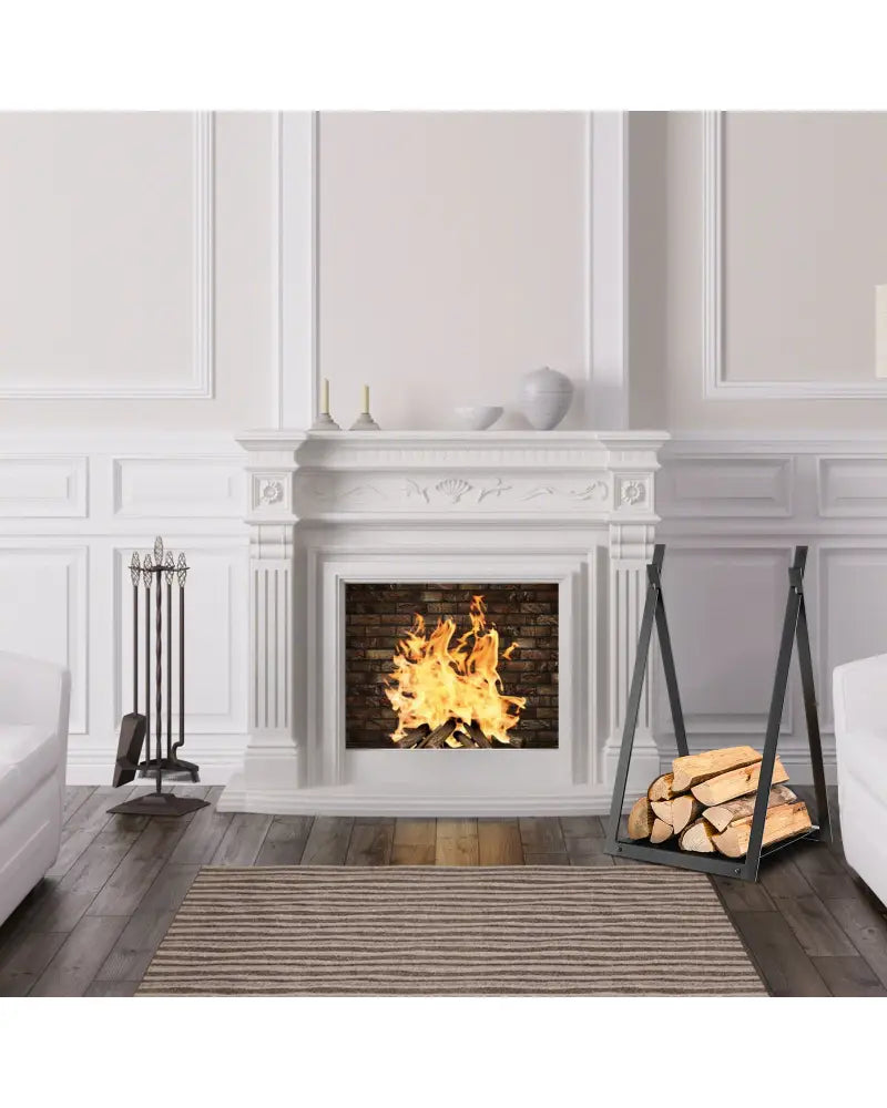 Triangle Firewood Rack with Raised Base for Fireplace Fire Pit-Black - Black - Log Storage