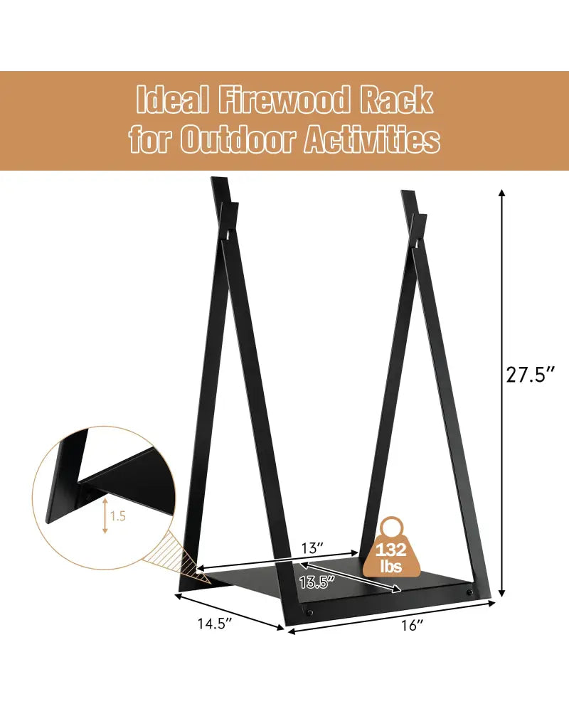 Triangle Firewood Rack with Raised Base for Fireplace Fire Pit-Black - Black - Log Storage