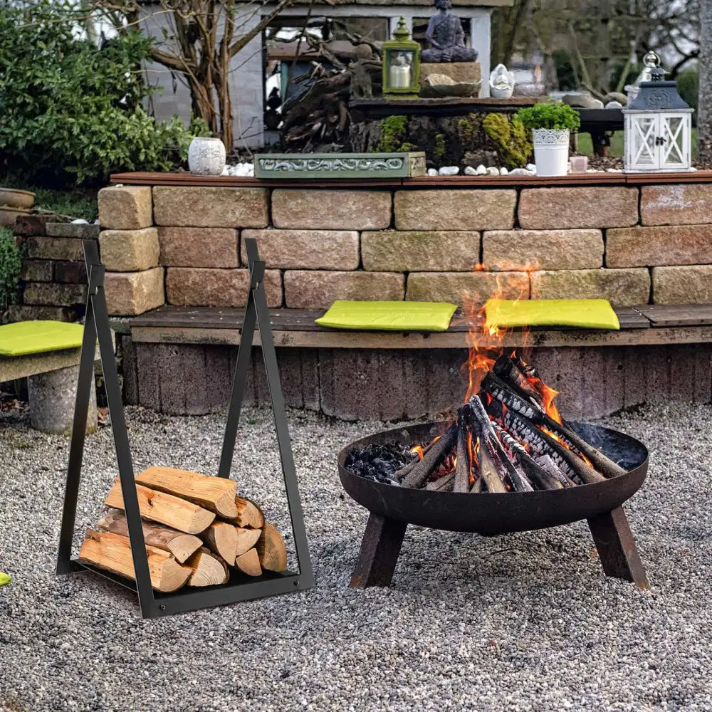 Triangle Firewood Rack with Raised Base for Fireplace Fire Pit-Black - Black - Log Storage