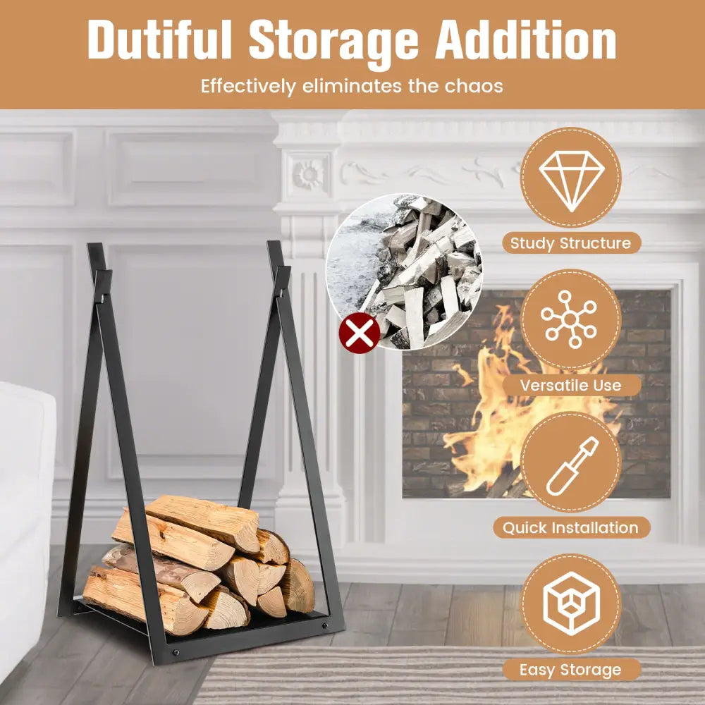 Triangle Firewood Rack with Raised Base for Fireplace Fire Pit-Black - Black - Log Storage