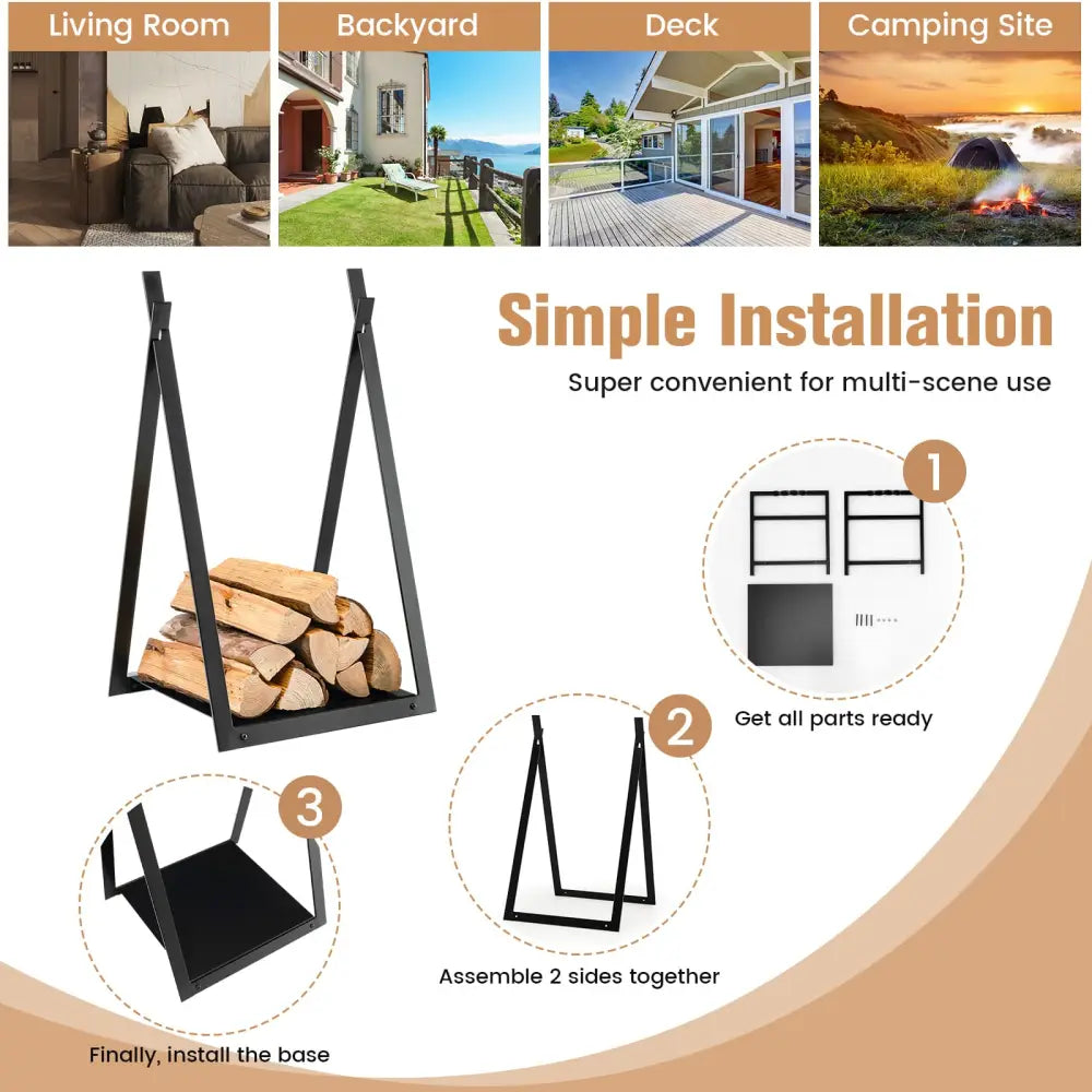 Triangle Firewood Rack with Raised Base for Fireplace Fire Pit-Black - Black - Log Storage