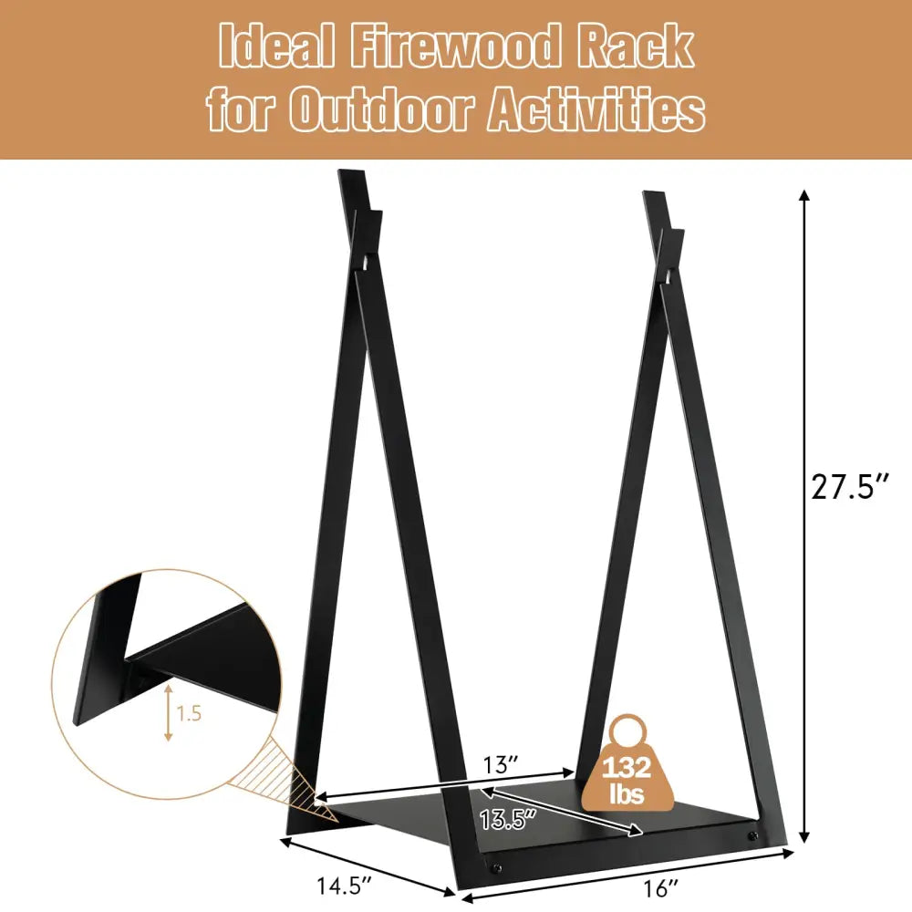 Triangle Firewood Rack with Raised Base for Fireplace Fire Pit-Black - Black - Log Storage