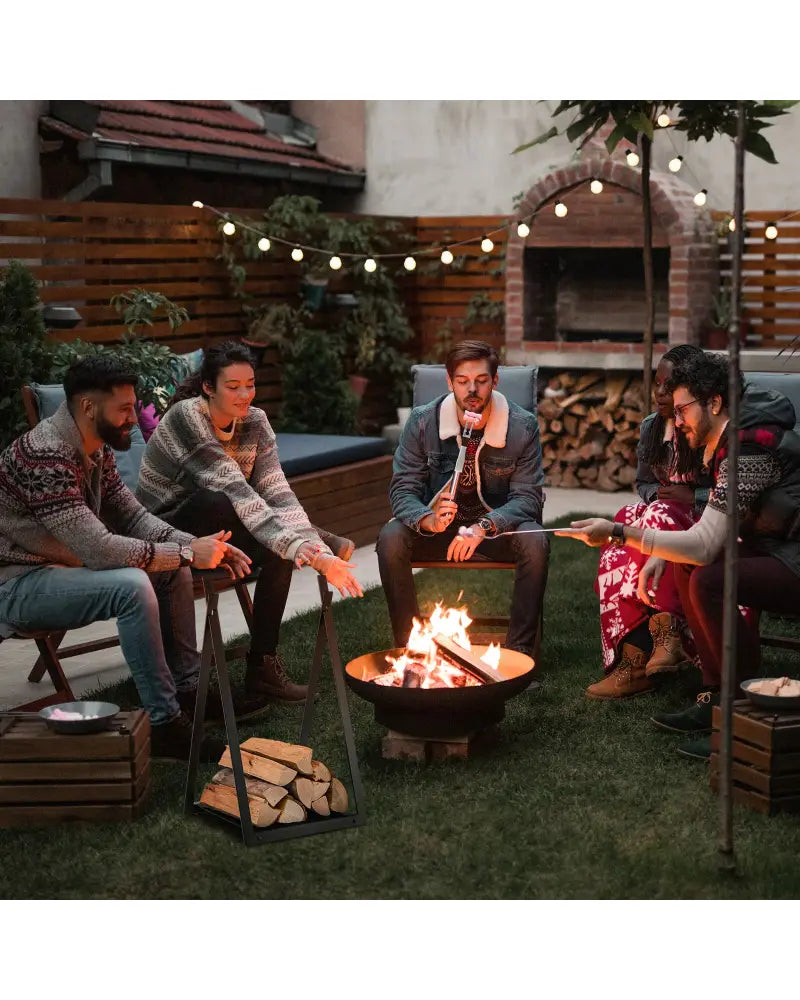 Triangle Firewood Rack with Raised Base for Fireplace Fire Pit-Black - Black - Log Storage