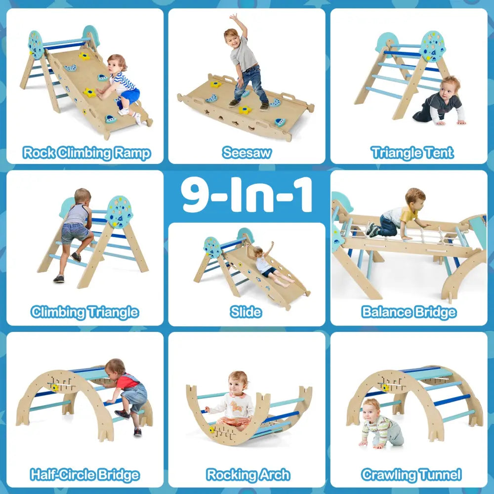 Triangle Set 8-in-1 Foldable Baby Climbing Toys Astronaut/Unicorn Theme-Blue - Blue - Climbers & Slides