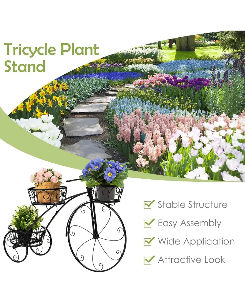 Tricycle Plant Stand Flower Pot Cart Holder in Parisian Style - Black - Plant Stands