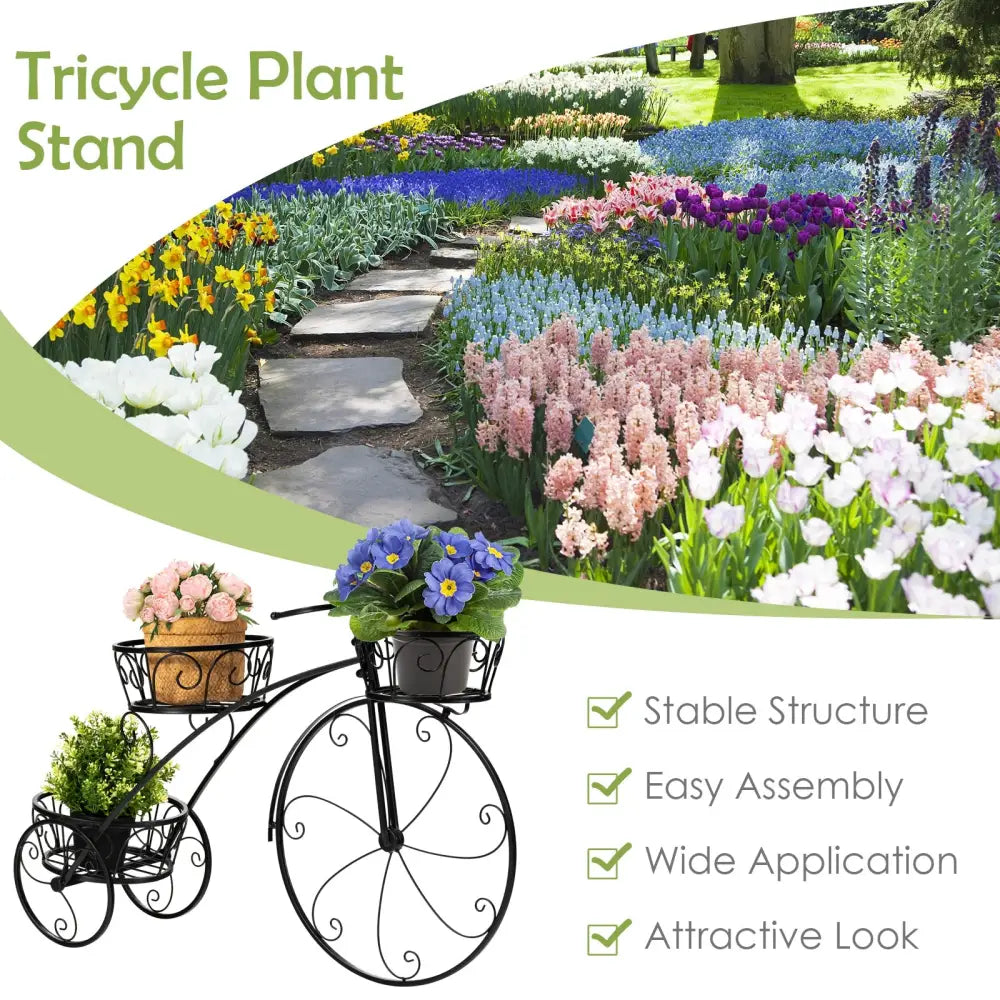 Tricycle Plant Stand Flower Pot Cart Holder in Parisian Style - Black - Plant Stands