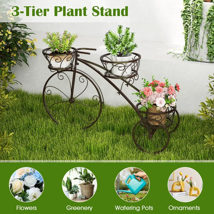 Tricycle Plant Stand Flower Pot Cart Holder with 3 Hollowed Baskets-Bronze - Bronze - Plant Stands