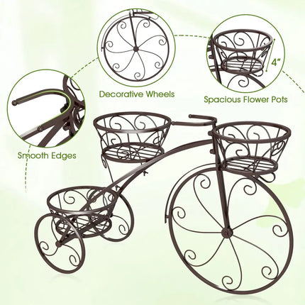 Tricycle Plant Stand Flower Pot Cart Holder with 3 Hollowed Baskets-Bronze - Bronze - Plant Stands