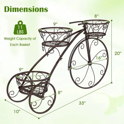 Tricycle Plant Stand Flower Pot Cart Holder with 3 Hollowed Baskets-Bronze - Bronze - Plant Stands