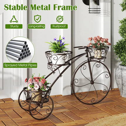 Tricycle Plant Stand Flower Pot Cart Holder with 3 Hollowed Baskets-Bronze - Bronze - Plant Stands