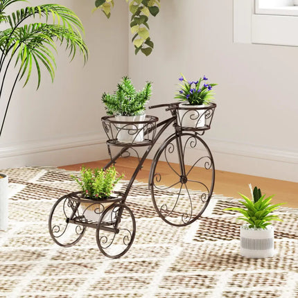 Tricycle Plant Stand Flower Pot Cart Holder with 3 Hollowed Baskets-Bronze - Bronze - Plant Stands