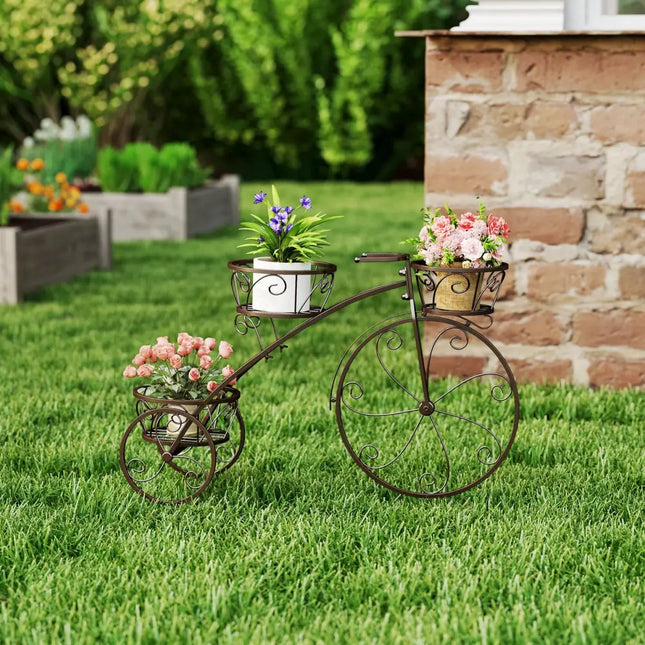 Tricycle Plant Stand Flower Pot Cart Holder with 3 Hollowed Baskets-Bronze - Bronze - Plant Stands