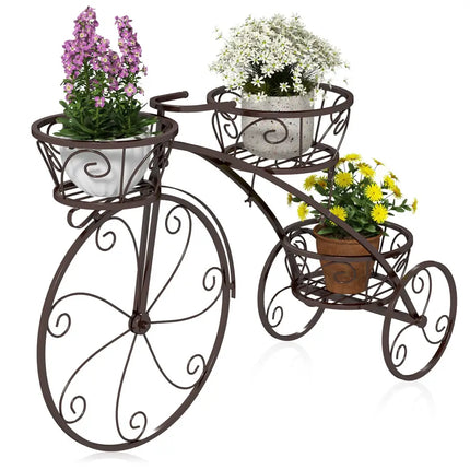 Tricycle Plant Stand Flower Pot Cart Holder with 3 Hollowed Baskets-Bronze - Bronze - Plant Stands