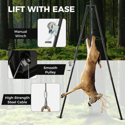 Tripod Game Hoist Deer Hanger 600 LBS Capacity Deer Skinning Rack-Black - Black - Camping