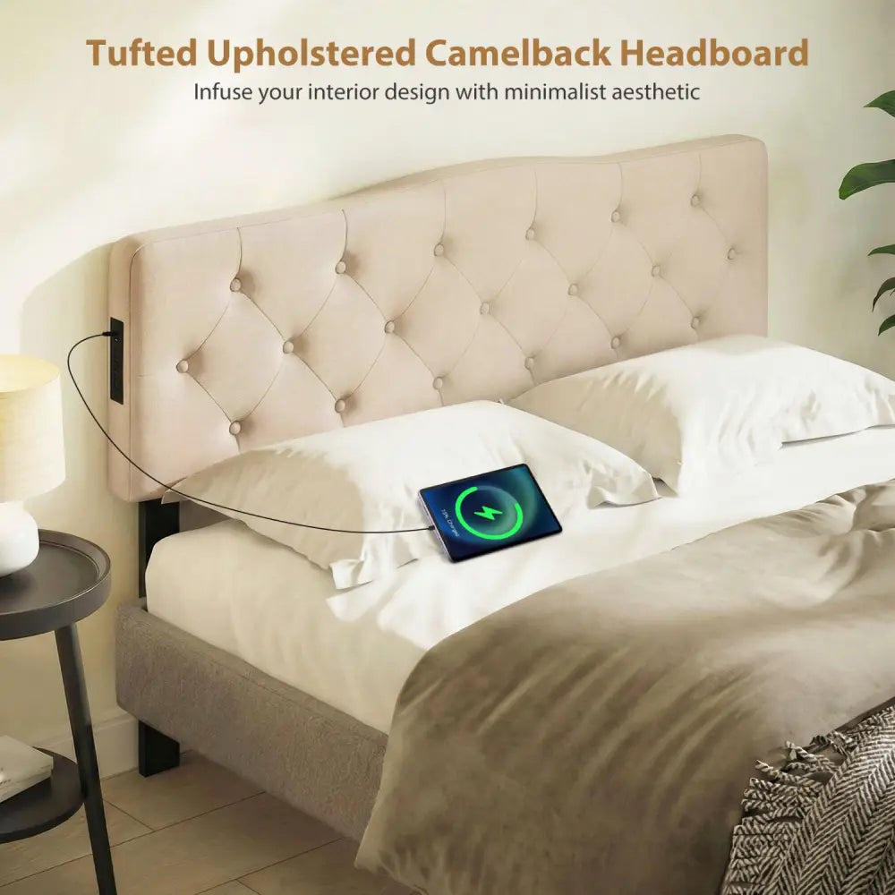 Tufted Upholstered Head Board for Queen and Full Size Bed with 2 AC Outlets-Beige - Beige - Headboards