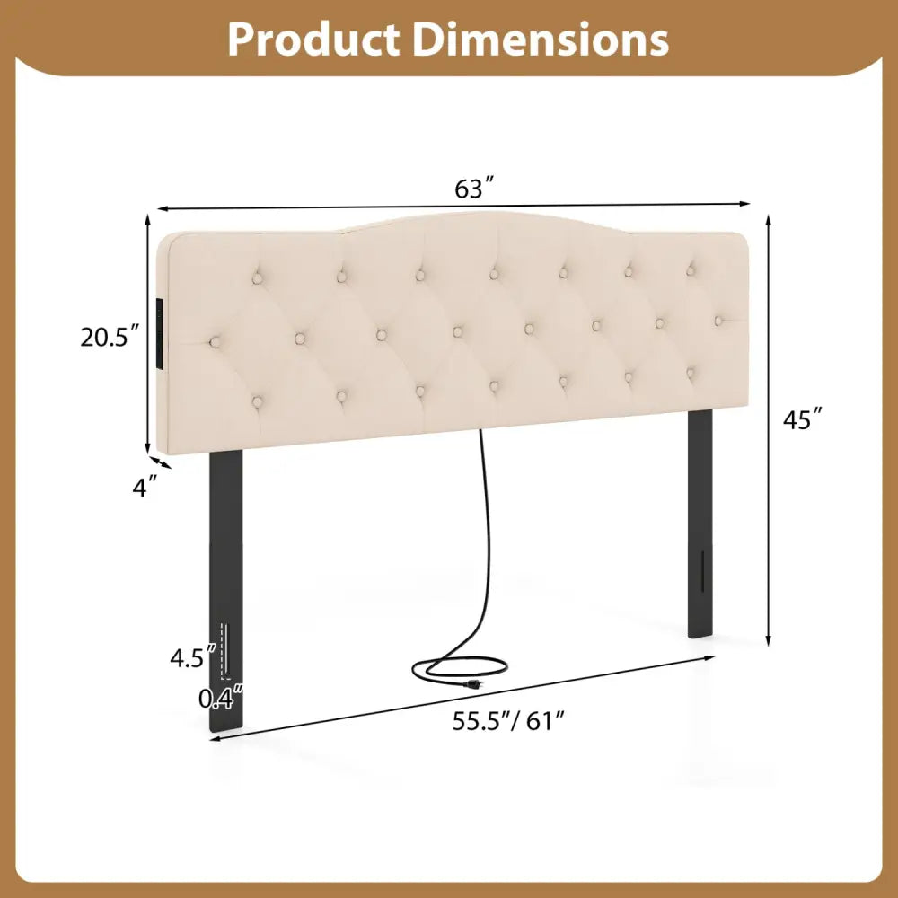 Tufted Upholstered Head Board for Queen and Full Size Bed with 2 AC Outlets-Beige - Beige - Headboards