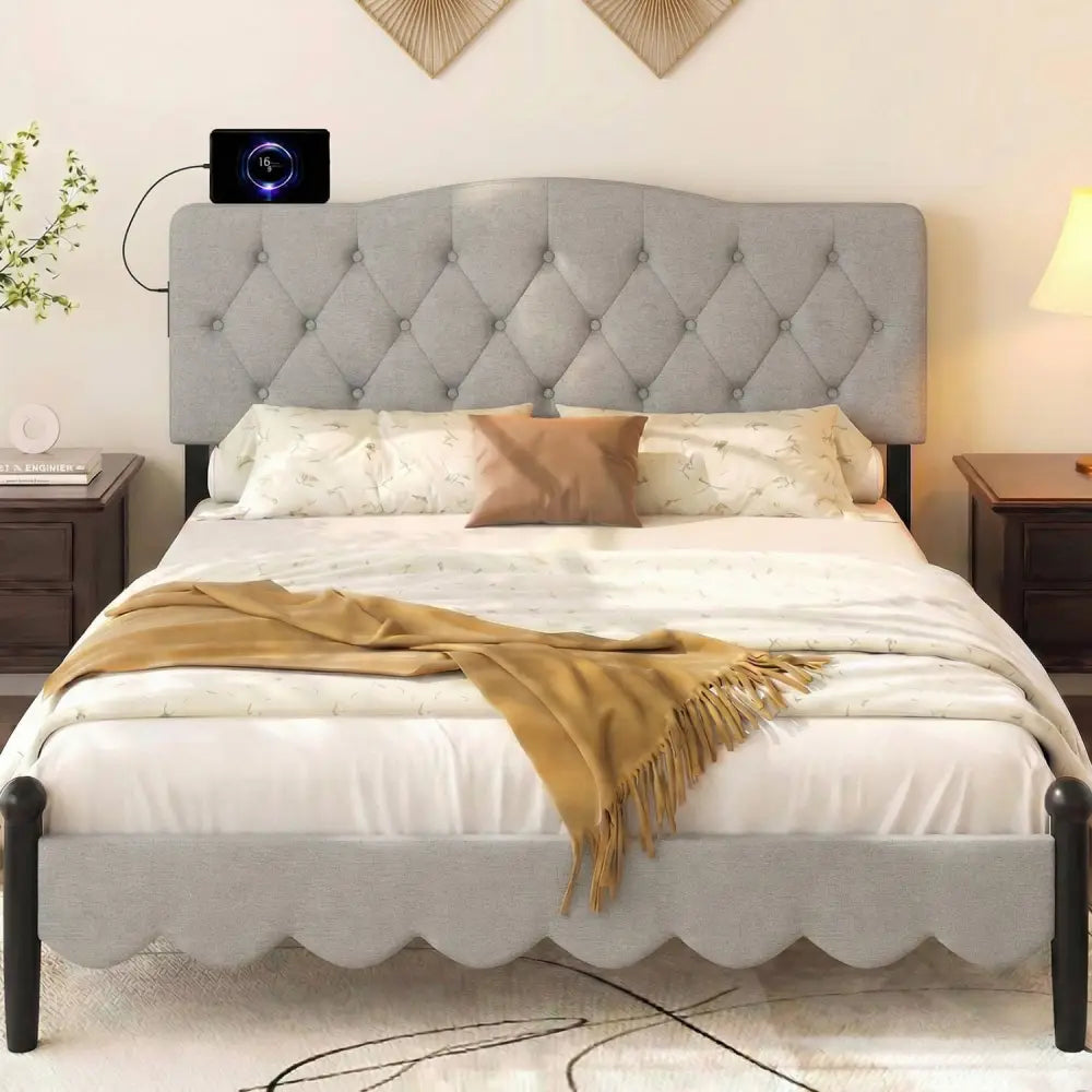 Tufted Upholstered Head Board for Queen and Full Size Bed with 2 AC Outlets-Gray - Gray - Headboards