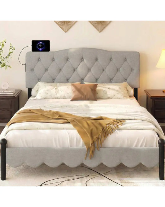 Tufted Upholstered Head Board for Queen and Full Size Bed with 2 AC Outlets-Gray - Gray - Headboards