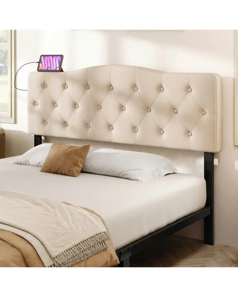Tufted Upholstered Head Board for Queen and Full Size Bed with 2 AC Outlets-Beige - Beige - Headboards