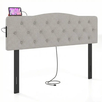 Tufted Upholstered Head Board for Queen and Full Size Bed with 2 AC Outlets-Gray - Gray - Headboards