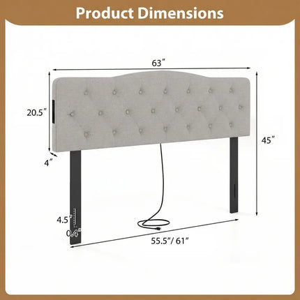 Tufted Upholstered Head Board for Queen and Full Size Bed with 2 AC Outlets-Gray - Gray - Headboards