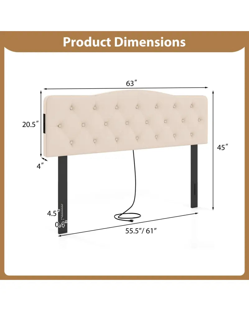 Tufted Upholstered Head Board for Queen and Full Size Bed with 2 AC Outlets-Beige - Beige - Headboards