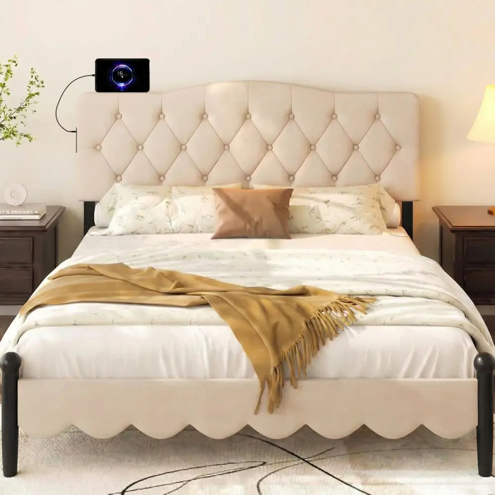 Tufted Upholstered Head Board for Queen and Full Size Bed with 2 AC Outlets-Beige - Beige - Headboards