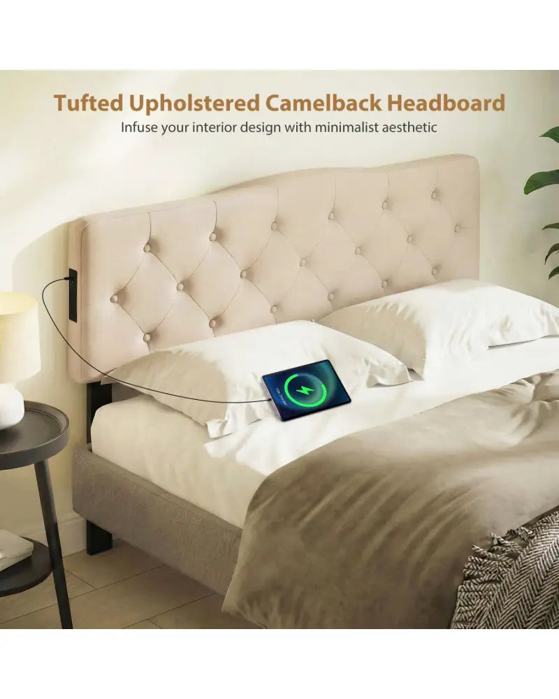 Tufted Upholstered Head Board for Queen and Full Size Bed with 2 AC Outlets-Beige - Beige - Headboards
