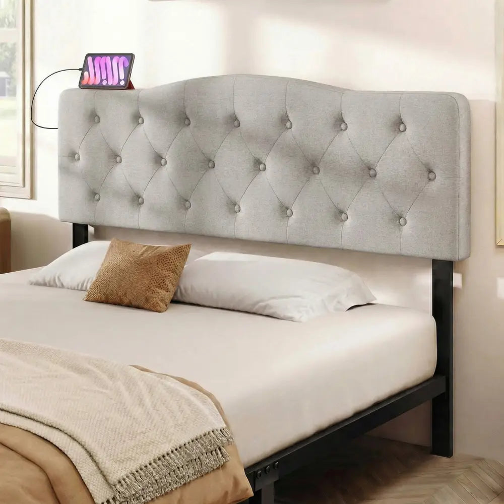 Tufted Upholstered Head Board for Queen and Full Size Bed with 2 AC Outlets-Gray - Gray - Headboards