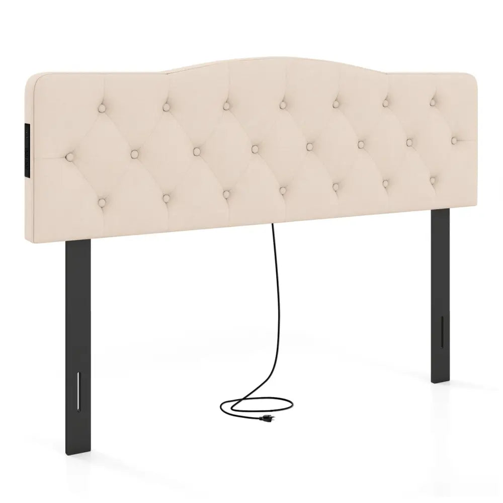 Tufted Upholstered Head Board for Queen and Full Size Bed with 2 AC Outlets-Beige - Beige - Headboards