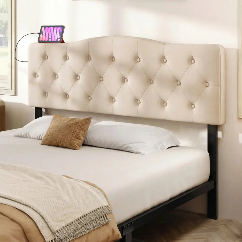 Tufted Upholstered Head Board for Queen and Full Size Bed with 2 AC Outlets-Beige - Beige - Headboards
