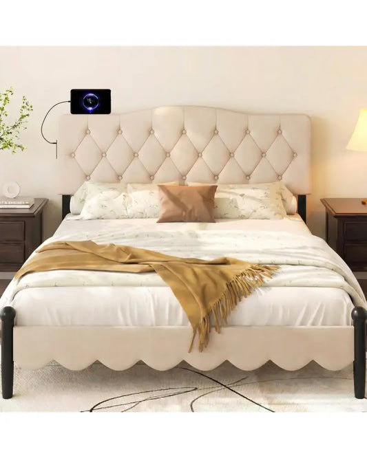 Tufted Upholstered Head Board for Queen and Full Size Bed with 2 AC Outlets-Beige - Beige - Headboards