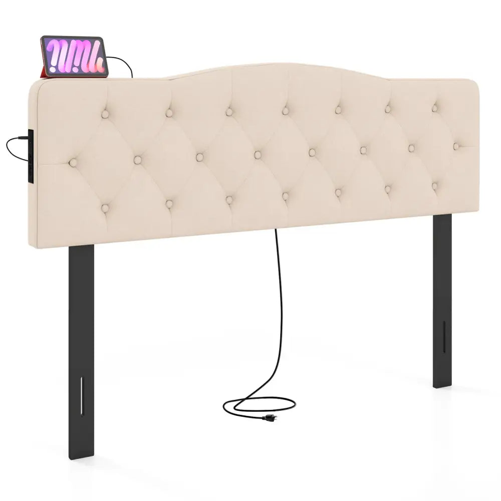Tufted Upholstered Head Board for Queen and Full Size Bed with 2 AC Outlets-Beige - Beige - Headboards