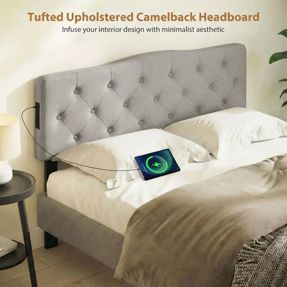 Tufted Upholstered Head Board for Queen and Full Size Bed with 2 AC Outlets-Gray - Gray - Headboards