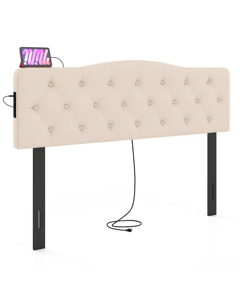 Tufted Upholstered Head Board for Queen and Full Size Bed with 2 AC Outlets-Beige - Beige - Headboards