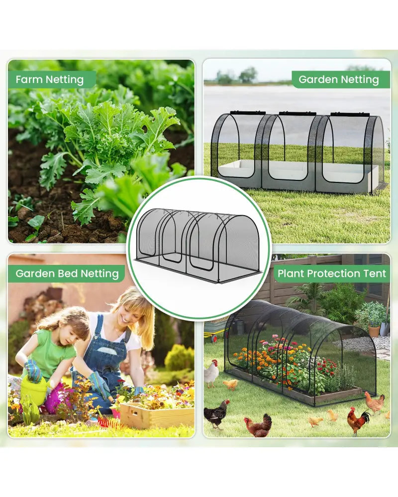Tunnel Crop Cage Large Portable Plant Protection Tent with 3 Roll-up Zippered Doors - Greenhouses