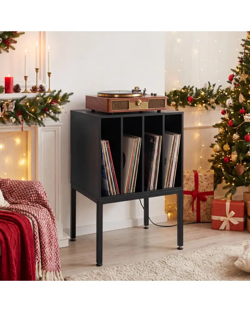 Turntable Record Player Stand with Power Outlets-Black - Black - End & Side Tables