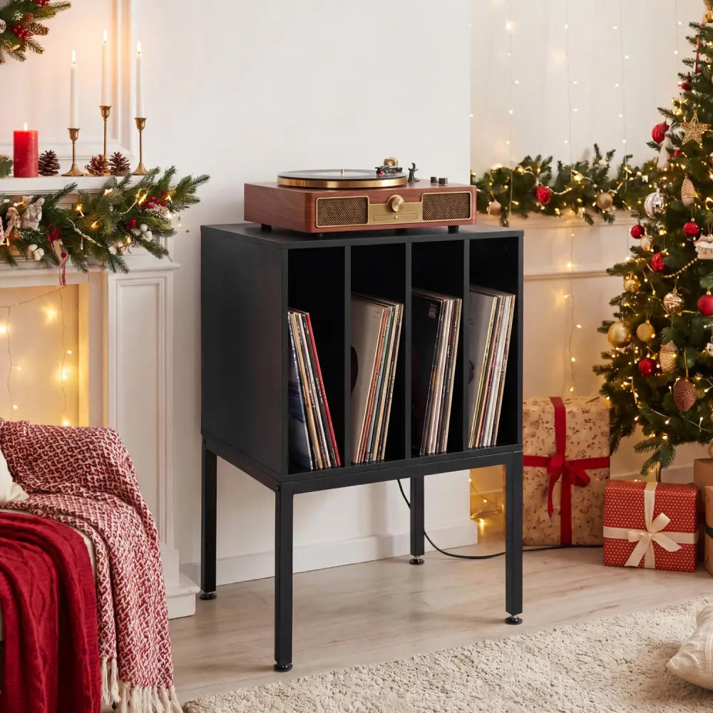 Turntable Record Player Stand with Power Outlets-Black - Black - End & Side Tables