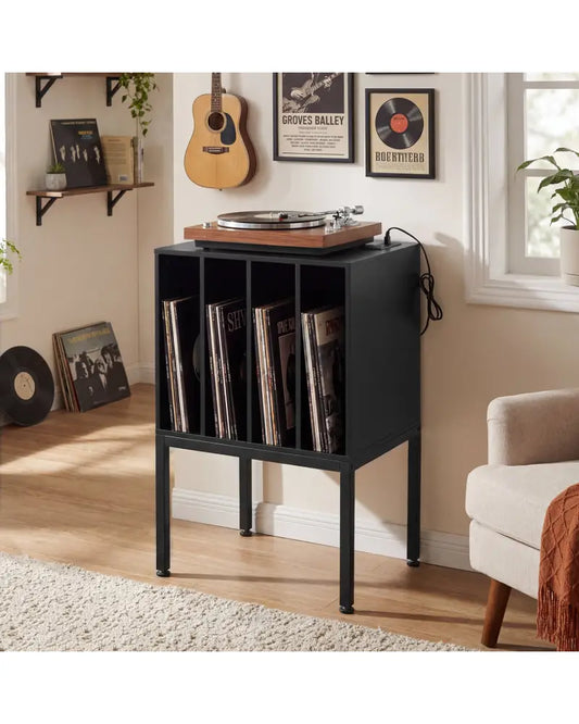 Turntable Record Player Stand with Power Outlets-Black - Black - End & Side Tables