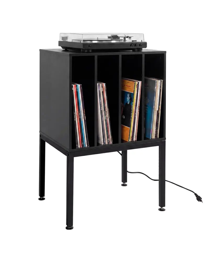 Turntable Record Player Stand with Power Outlets-Black - Black - End & Side Tables
