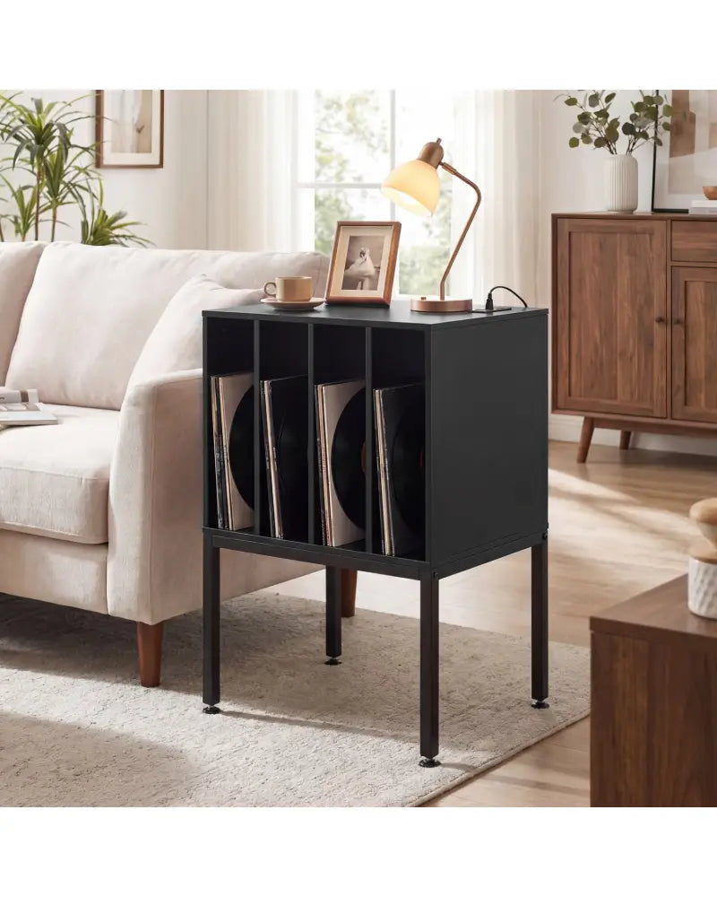 Turntable Record Player Stand with Power Outlets-Black - Black - End & Side Tables