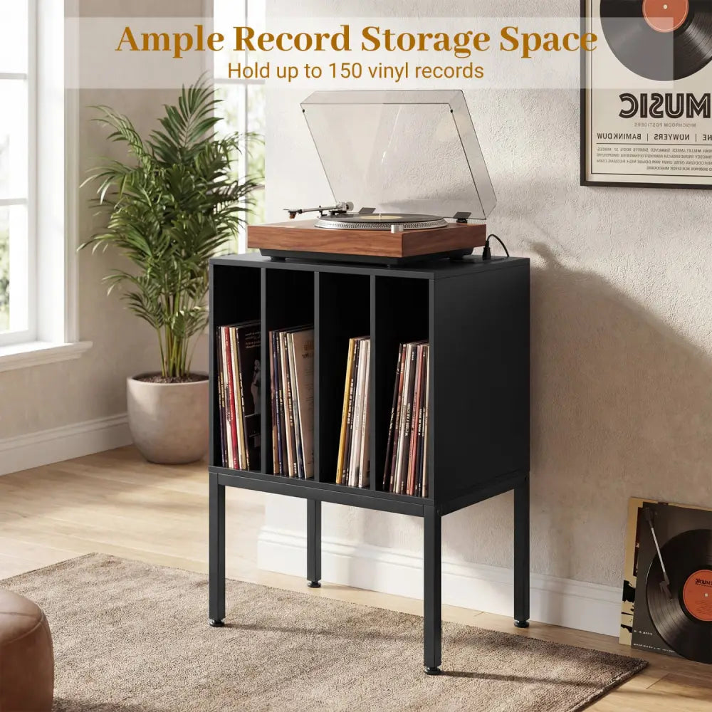 Turntable Record Player Stand with Power Outlets-Black - Black - End & Side Tables