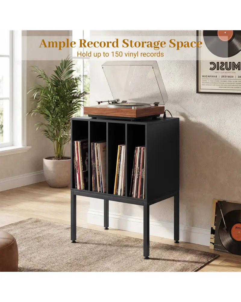 Turntable Record Player Stand with Power Outlets-Black - Black - End & Side Tables
