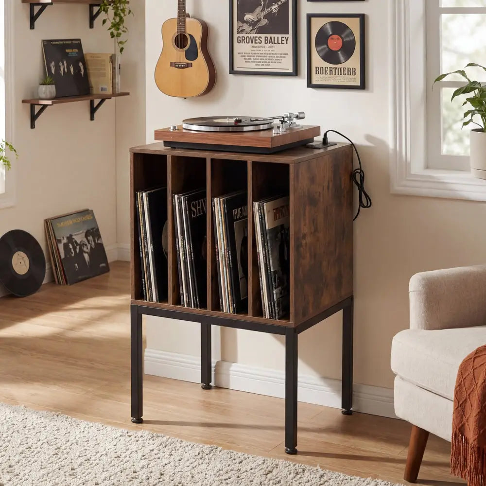 Turntable Record Player Stand with Power Outlets-Rusticbrown - Rustic Brown - End & Side Tables