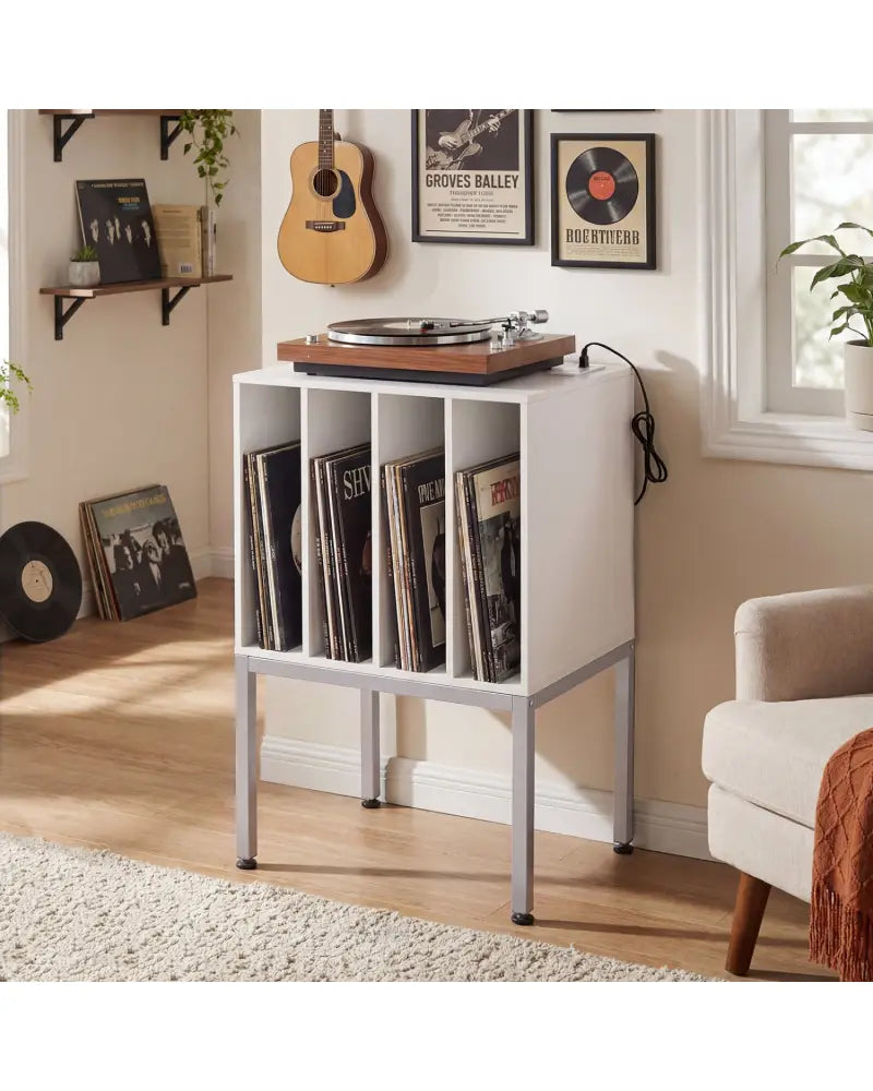 Turntable Record Player Stand with Power Outlets-White - White - End & Side Tables