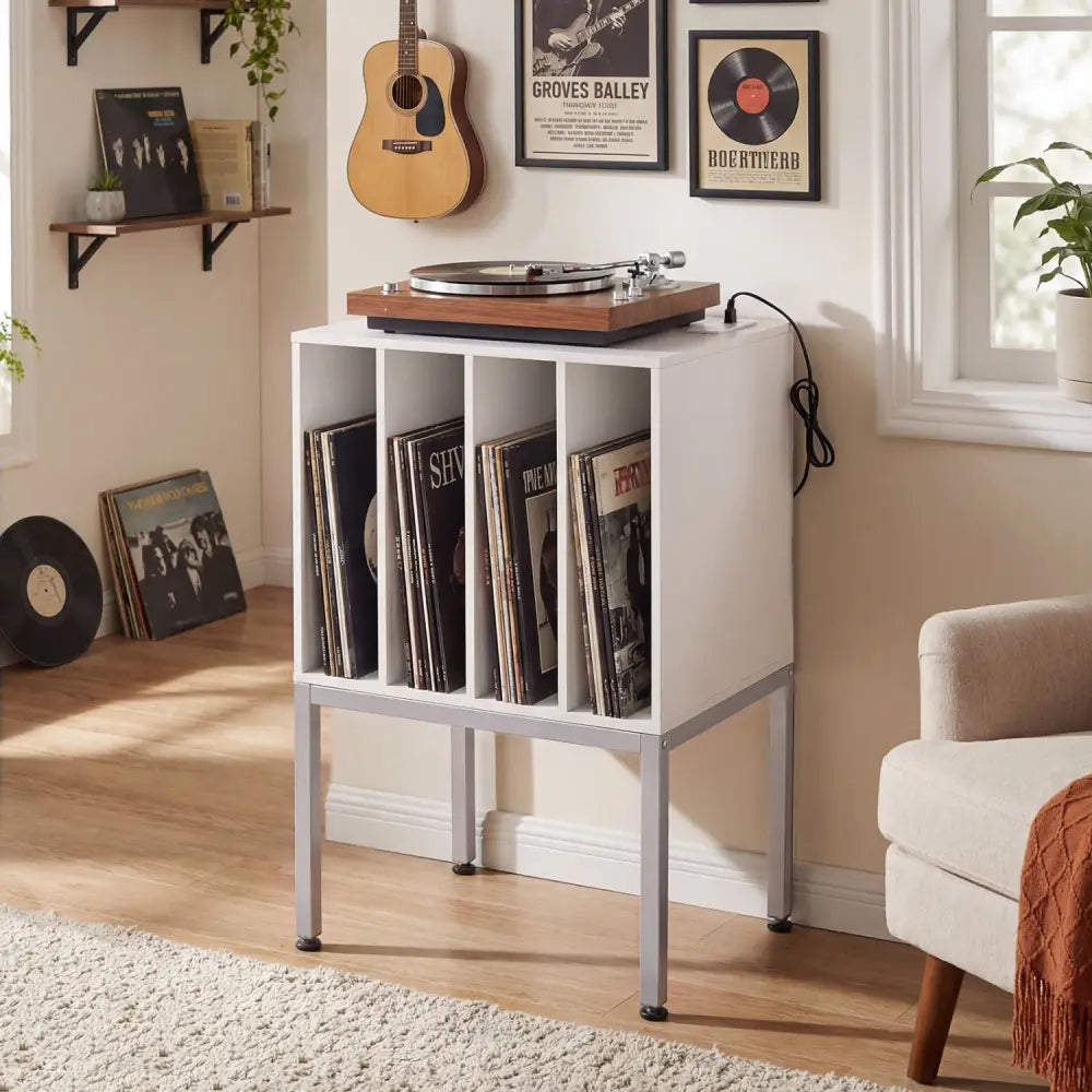 Turntable Record Player Stand with Power Outlets-White - White - End & Side Tables